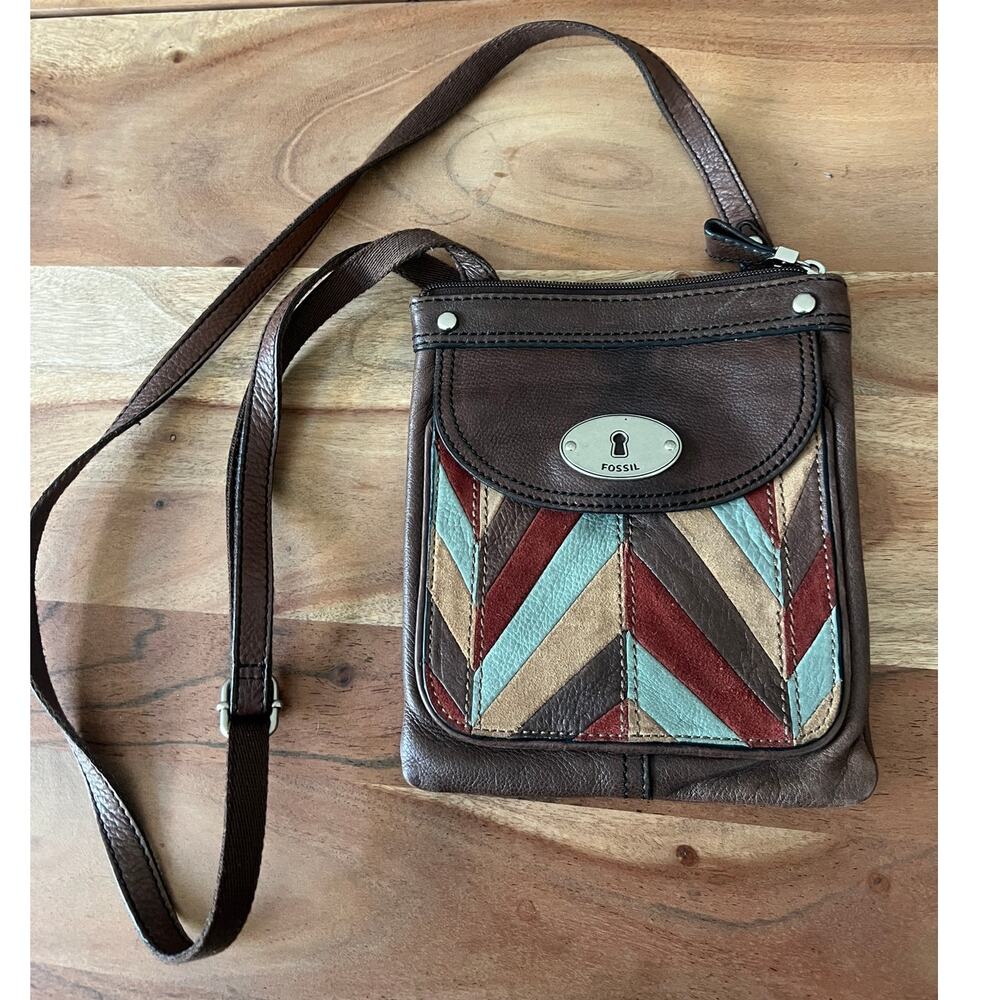 Fossil Maddox patchwork mini crossbody bag purse flap leather suede herringbone